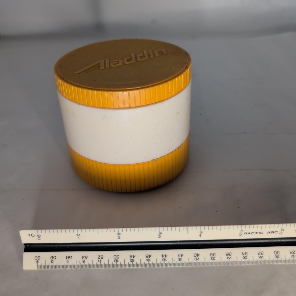 Vintage Aladdin Insulated Thermo Tumbler Yellow White Striped Freezer Lid USA